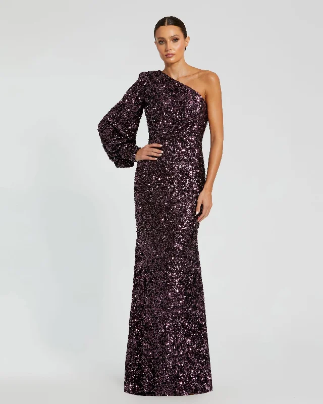 Maxi dresses with pom - pom trims for a playful and festive lookSequined One Shoulder Bishop Sleeve Trumpet Gown Maxi dresses with pom - pom trims for a playful and festive lookSequined One Shoulder Bishop Sleeve Trumpet Gown