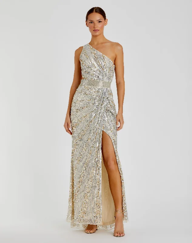 Maxi dresses with geometric prints for a contemporary aestheticSequined One Shoulder Draped Lace Up Gown Maxi dresses with geometric prints for a contemporary aestheticSequined One Shoulder Draped Lace Up Gown