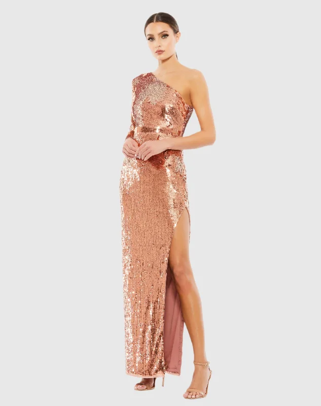 Maxi dresses with a keyhole back for a sexy detailSequined One Sleeve Column Gown