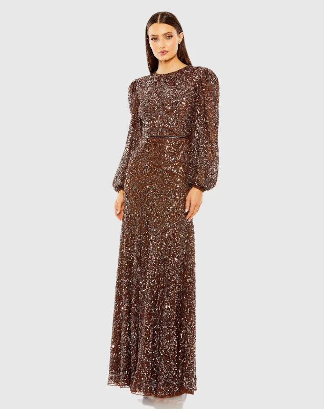 Maxi dresses with a wrap - around style for a customizable fitSheer Long Sleeve Beaded Gown Maxi dresses with a wrap - around style for a customizable fitSheer Long Sleeve Beaded Gown