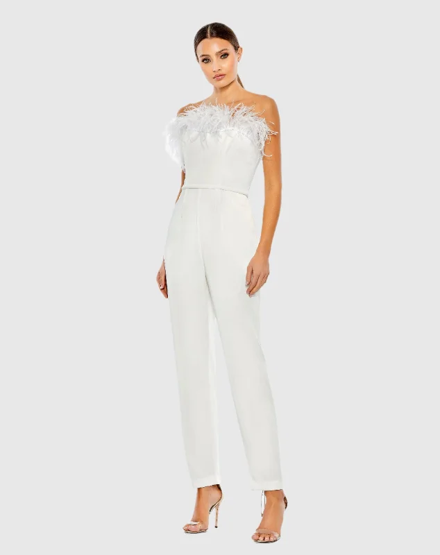 Maxi dresses with a V - neckline for a flattering and elongating shapeStrapless Jumpsuit with Feather Trim Maxi dresses with a V - neckline for a flattering and elongating shapeStrapless Jumpsuit with Feather Trim
