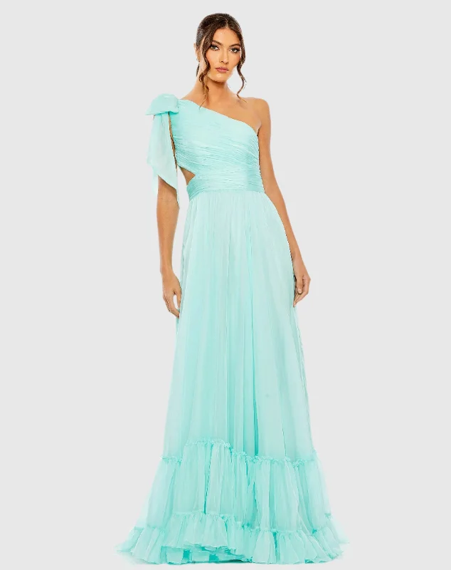 Maxi dresses with bow accents at the waist for a sweet appearanceTiered One Shoulder Ruched Gown Maxi dresses with bow accents at the waist for a sweet appearanceTiered One Shoulder Ruched Gown