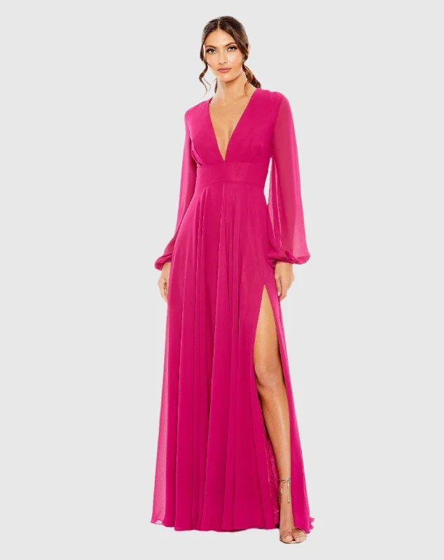 Satin maxi dresses with a high - low hem for a modern twistV-Neck Illusion Long Sleeve Chiffon Gown Satin maxi dresses with a high - low hem for a modern twistV-Neck Illusion Long Sleeve Chiffon Gown