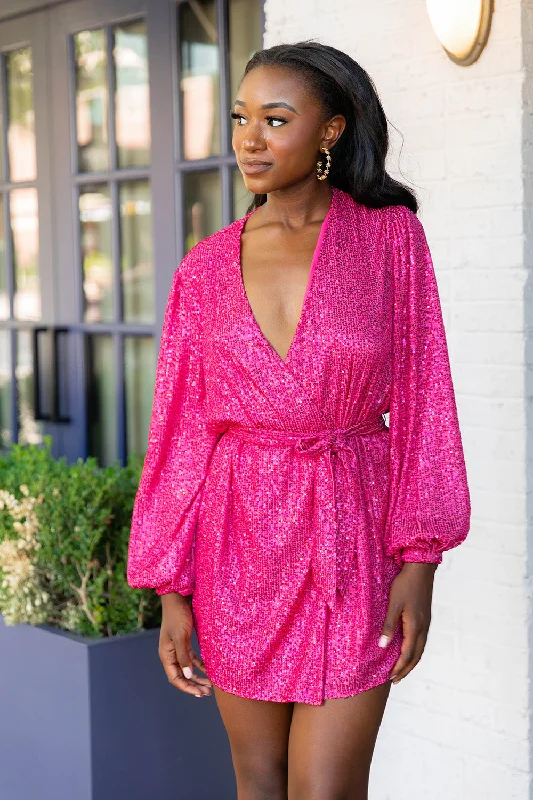 Satin mini dresses for a luxurious feelAdeline Sequin Wrap Dress - Guava