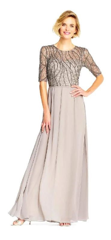 Wedding guest dresses with belted waists and knee - length skirtsAdrianna Papell - AP1E202210 Elbow Sleeves Beaded Chiffon Gown