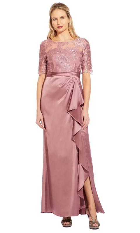 Midi wedding guest dresses in navy blue for a formal affairAdrianna Papell - AP1E205141 Embroidered Bateau Satin Sheath Dress Midi wedding guest dresses in navy blue for a formal affairAdrianna Papell - AP1E205141 Embroidered Bateau Satin Sheath Dress