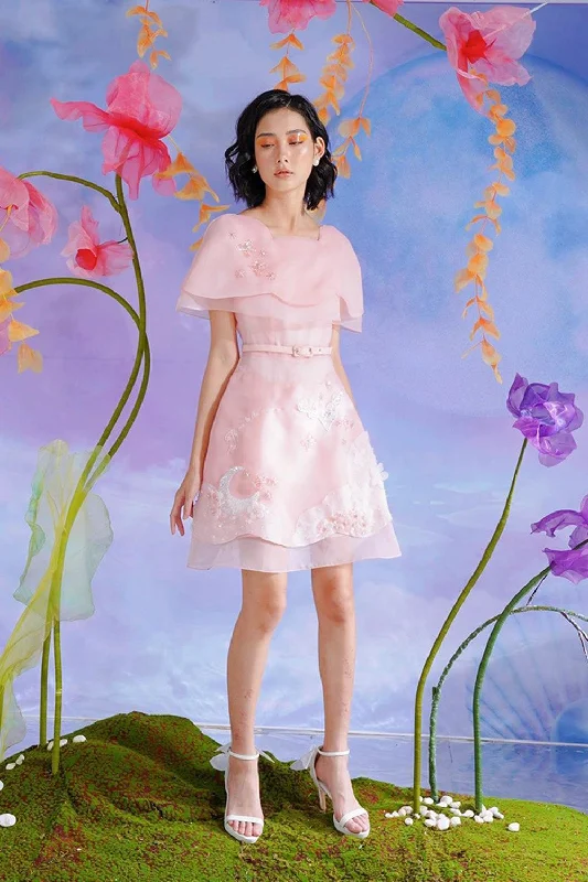 Satin mini dresses for a luxurious feelArianne A-line Cape Shoulder Organza Mini Dress