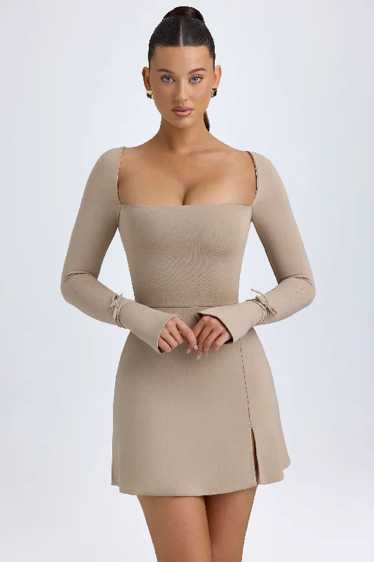 Mini dresses with abstract prints for an artistic lookModal Square-Neck A-Line Mini Dress in Taupe