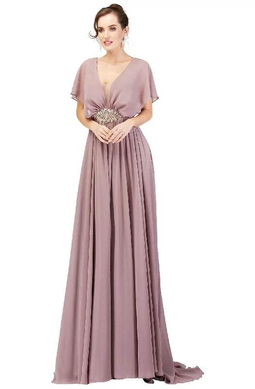 Ribbed - texture wedding guest dresses in neutral colorsCecilia Couture - 1850 Plunging V-Neck A-Line Dress