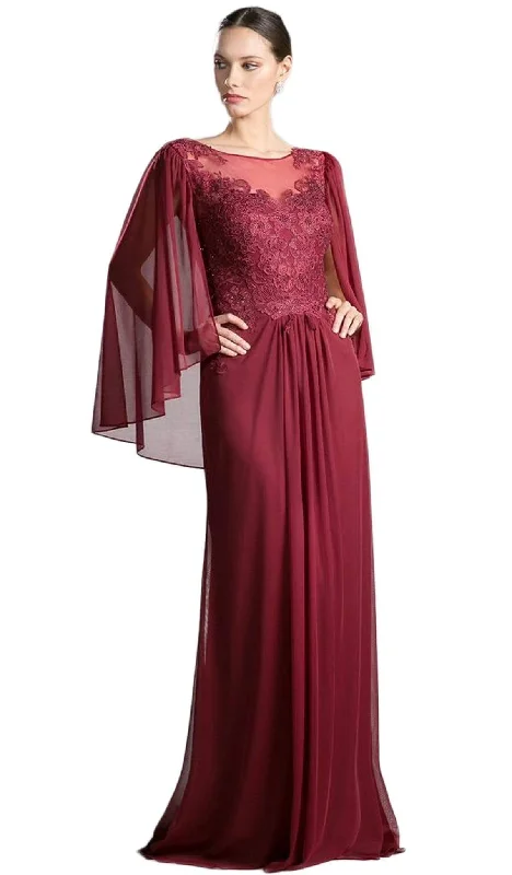 Wedding guest dresses with ruched bodices and spaghetti strapsCinderella Divine - Beaded Lace Sheath Dress With Sheer Cape
