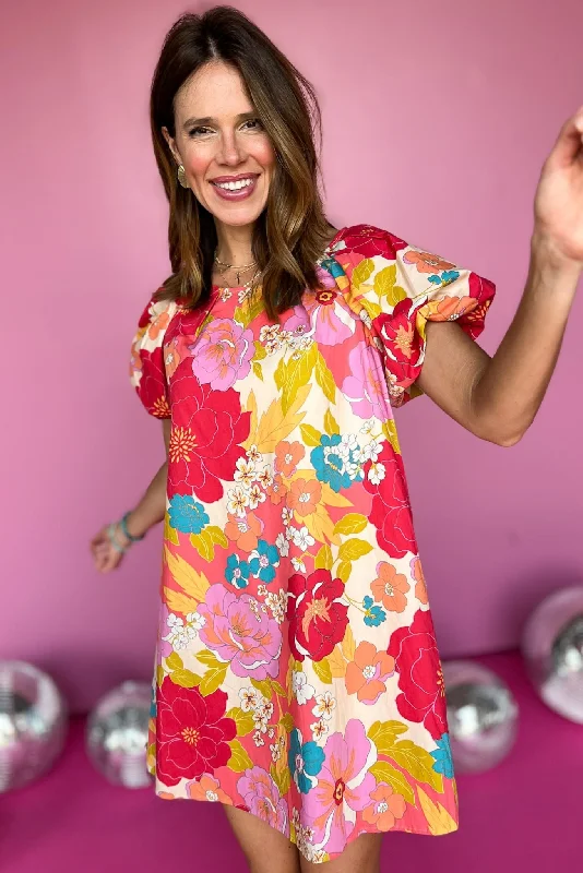 Floral print mini dresses for summer partiesCoral Multi Floral Print Poplin Short Puff Sleeve Dress