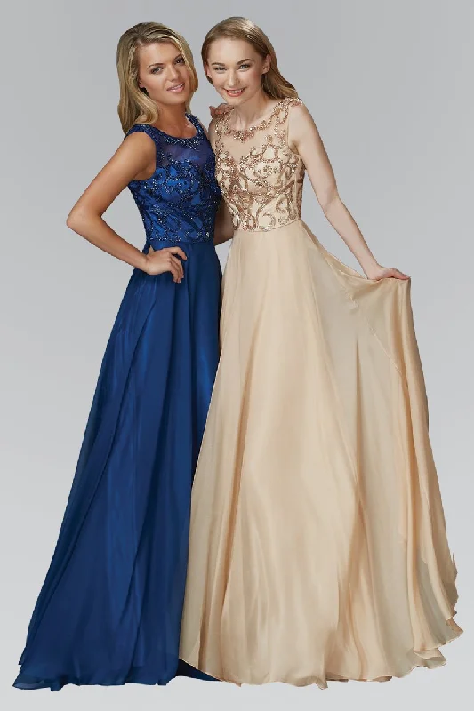 Velvet - trimmed wedding guest dresses in burgundy for a formal eventElizabeth K - GL2106 Beaded Scoop Neck A-Line Gown