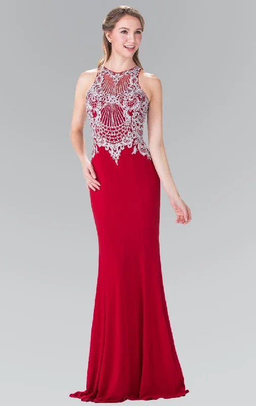 Sleeveless wedding guest dresses with pleated bodicesElizabeth K - GL2232 Embellished High Neck Jersey Sheath Dress
