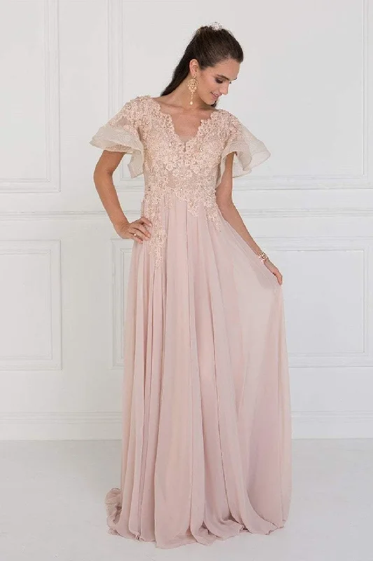 Wedding guest dresses with keyhole backs and flowing fabricsElizabeth K - GL1587 Short Butterfly Sleeve Floral Lace A-Line Gown Wedding guest dresses with keyhole backs and flowing fabricsElizabeth K - GL1587 Short Butterfly Sleeve Floral Lace A-Line Gown