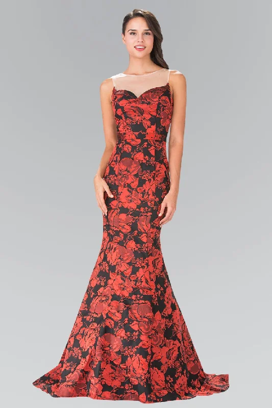 Wedding guest dresses with button - down fronts and A - line silhouettesElizabeth K - GL2246 Illusion Bateau Neckline with Floral Print Gown Wedding guest dresses with button - down fronts and A - line silhouettesElizabeth K - GL2246 Illusion Bateau Neckline with Floral Print Gown
