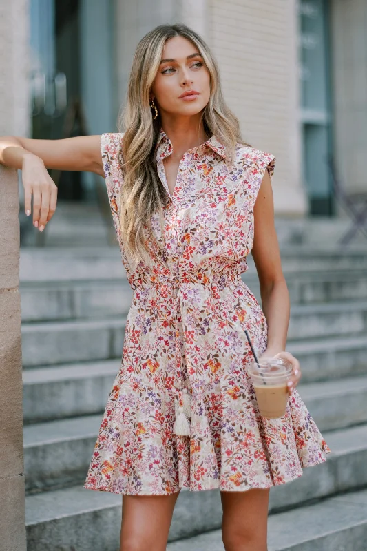 Cotton mini dresses for a comfortable everyday optionGarden Grace Beige Multi Floral 100% Cotton Collared Mini Dress