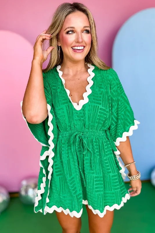 Strapless mini dresses for a beach vacationGreen Textured Terry Ric Rac Trim V Neck Elastic Tie Waist Swim Cover
