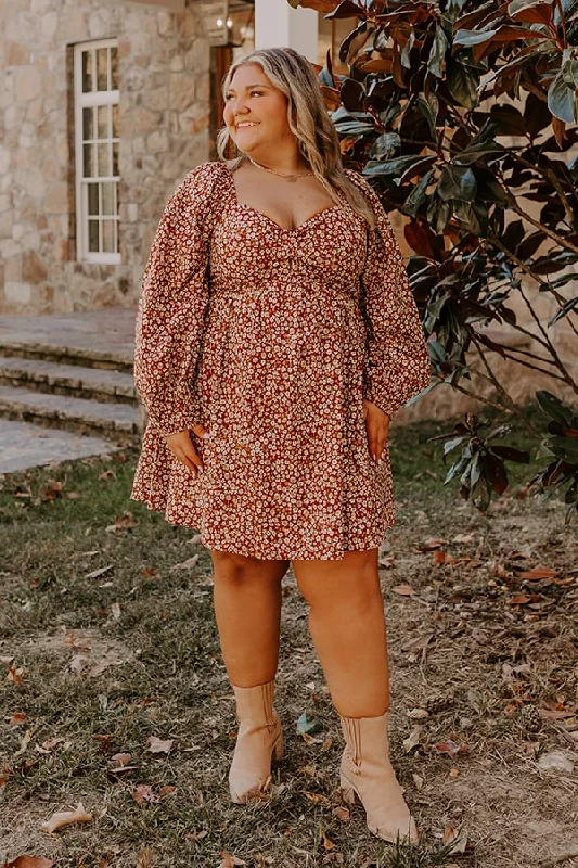 Printed mini dresses for a casual day outHarvest Cutie Floral Mini Dress in Dark Rust Curves Printed mini dresses for a casual day outHarvest Cutie Floral Mini Dress in Dark Rust Curves