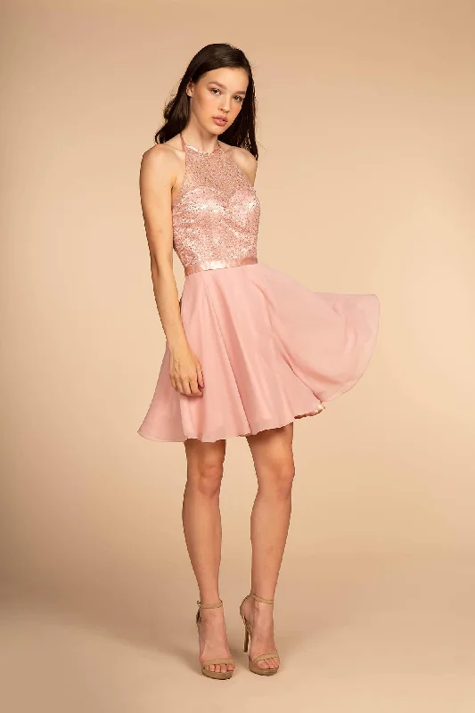 Strapless wedding guest dresses with rhinestone - studded bodicesIllusion Halter Short Prom Dress Homecoming
