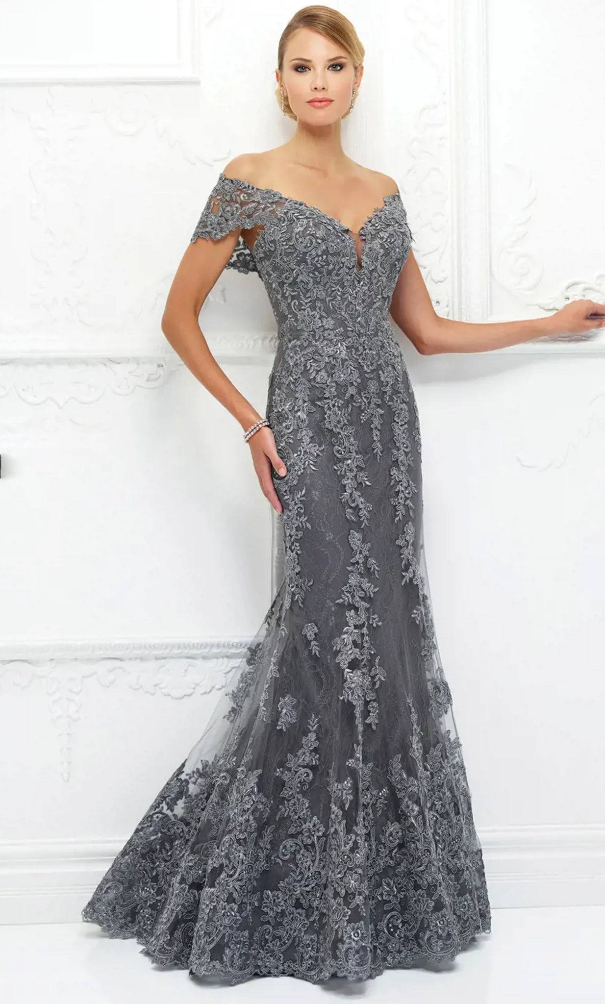 Wedding guest dresses with button - down fronts and A - line silhouettesIvonne D 118D12W - Embroidered Off-Shoulder Evening Dress
