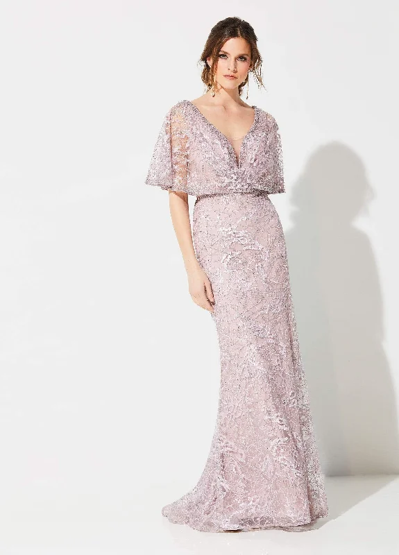 Midi wedding guest dresses in navy blue for a formal affairIvonne D for Mon Cheri - 219D72 Embroidered Kimono Sleeve Lace Gown