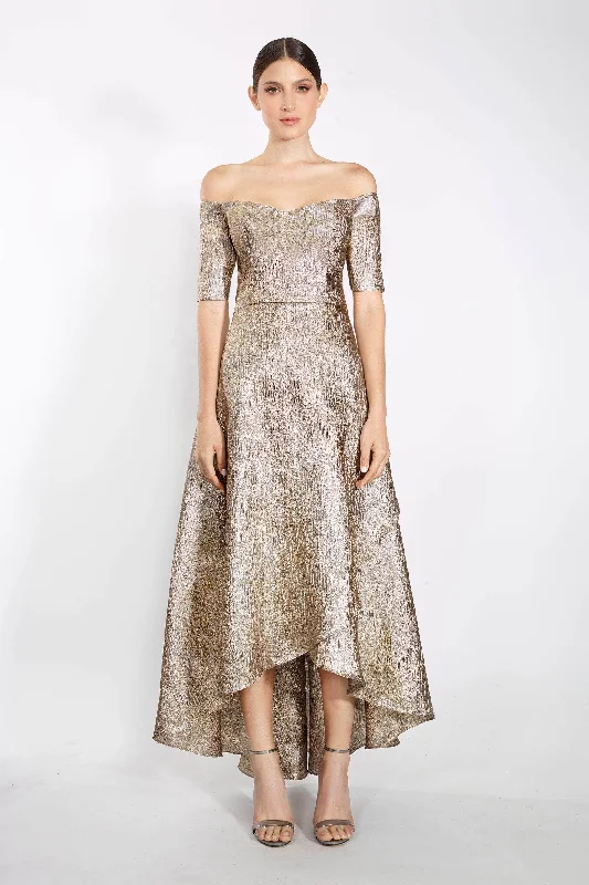 Wedding guest dresses with keyhole backs and flowing fabricsJanique - 61022 Off Shoulder Jacquard High Low A-line Dress Wedding guest dresses with keyhole backs and flowing fabricsJanique - 61022 Off Shoulder Jacquard High Low A-line Dress