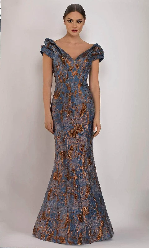 Wedding guest dresses with high - low hems and floral appliquesJanique - 66721 Ruched Cap Sleeve Jacquard Mermaid Gown