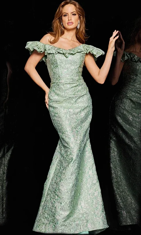Sheer wedding guest dresses with lace inserts and long sleevesJovani 25674 - Floral Embroidered Mermaid Gown
