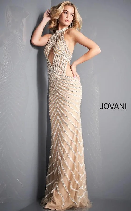 Embroidered wedding guest dresses in earthy tones for a rustic weddingJovani 00817 Halter Long Evening Prom Dress