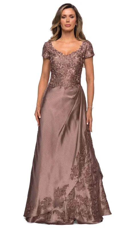 Sheer wedding guest dresses with lace inserts and long sleevesLa Femme 27033SC - Floral Embroidered Evening Dress Sheer wedding guest dresses with lace inserts and long sleevesLa Femme 27033SC - Floral Embroidered Evening Dress
