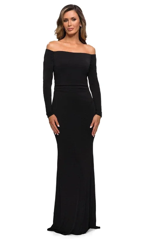 Printed wedding guest dresses with tropical motifs for beach weddingsLa Femme - 28054SC - Long Sleeves Fitted Bodice Dress