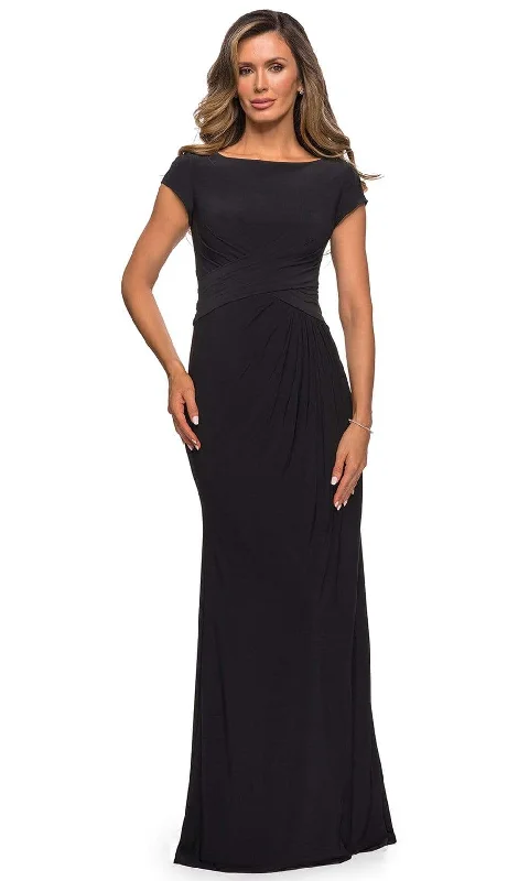 Animal - print wedding guest dresses in subtle colors for a bold statementLa Femme - Cap Sleeve Cross Draped Jersey Dress 28026SC