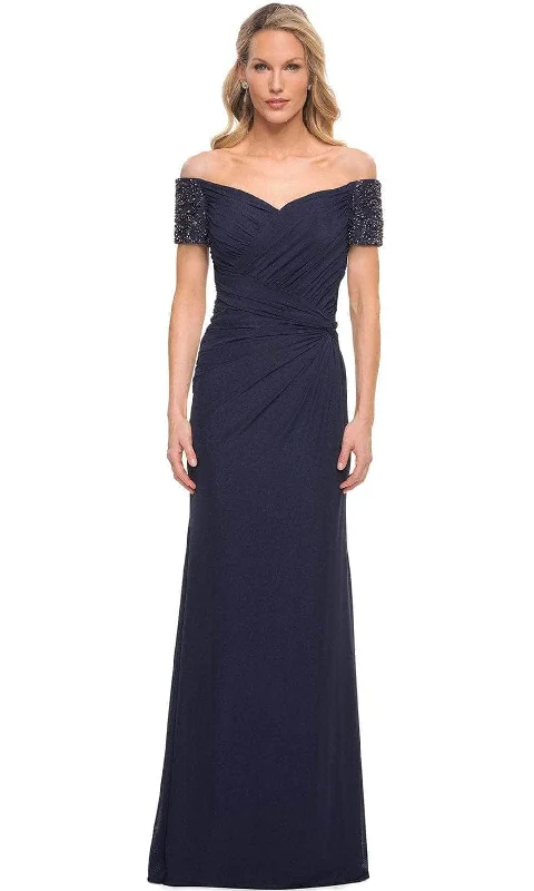 Wrap - style wedding guest dresses with bow accentsLa Femme - Off Shoulder Sleeve Formal Dress 30057SC