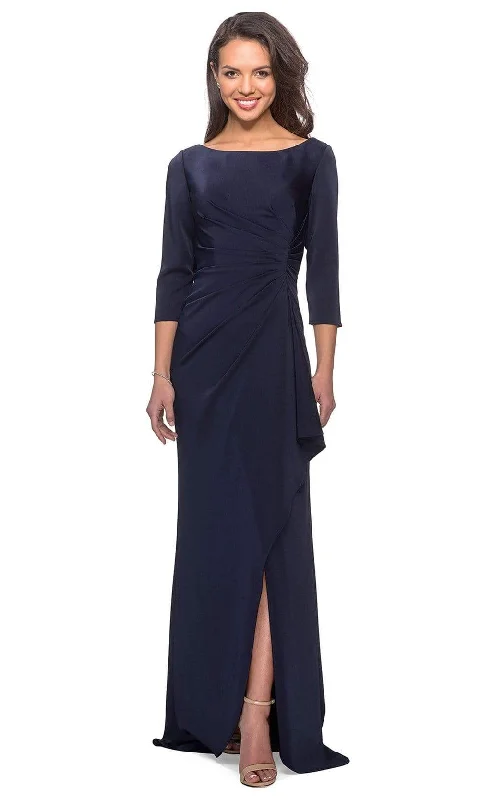 Ruffled - sleeve wedding guest dresses in light blue for a spring weddingLa Femme - Quarter Sleeve Draped High Slit Dress 28197SC