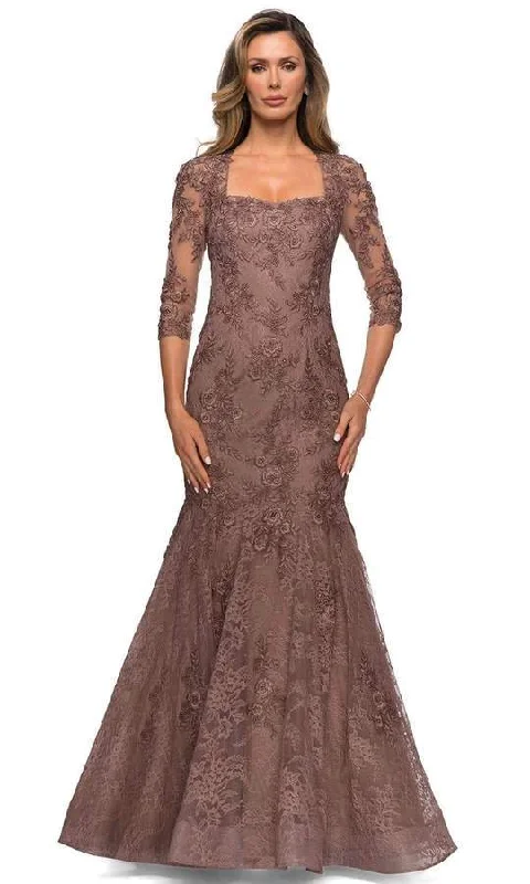 Wedding guest dresses with abstract prints and long trainsLa Femme - Square Neck Lace Embroidered Mermaid Gown 28033SC Wedding guest dresses with abstract prints and long trainsLa Femme - Square Neck Lace Embroidered Mermaid Gown 28033SC