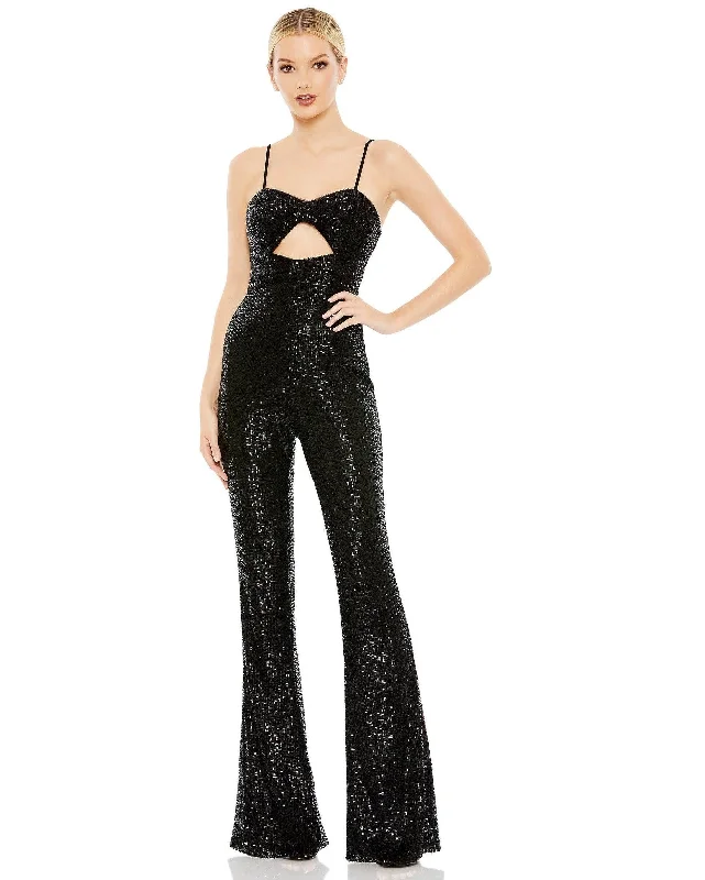 Velvet - trimmed wedding guest dresses in burgundy for a formal eventMac Duggal 42017 Formal Spaghetti Strap Jumpsuit