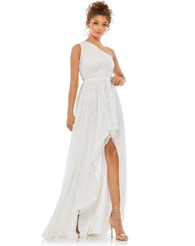 Cotton wedding guest dresses with smocked details for a casual weddingMac Duggal 10825 High Low One Shoulder Prom Dress