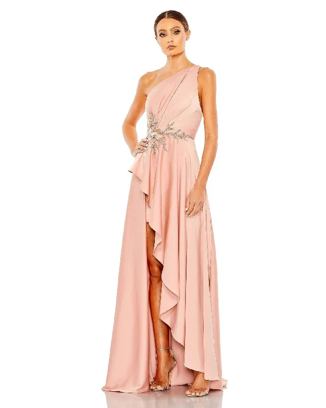 Wedding guest dresses with cold - shoulder designs and solid colorsMac Duggal 11262 High Low One Shoulder Prom Gown
