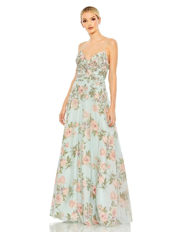 Wedding guest dresses with tiered skirts for a feminine lookMac Duggal 70129 Long Formal Floral Print Prom Gown