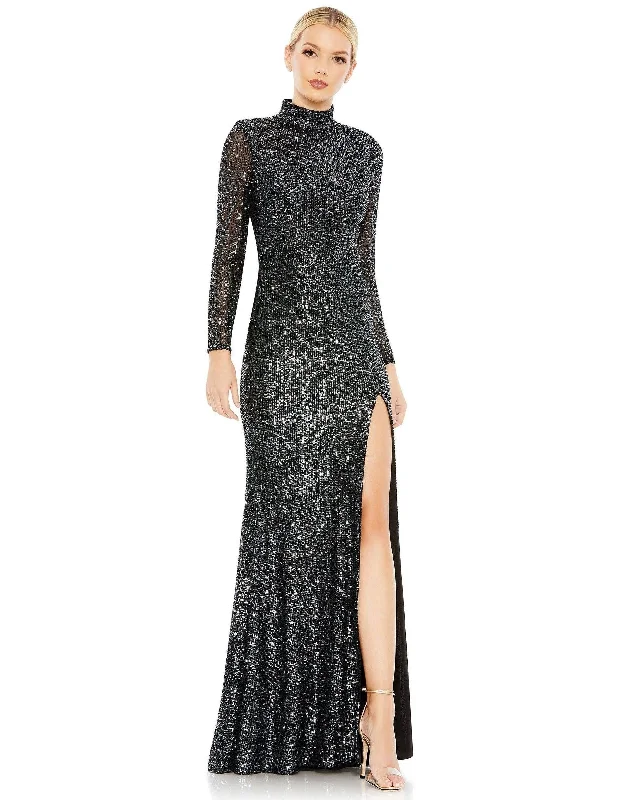 Plaid wedding guest dresses in muted colors for a fall weddingMac Duggal 42014 Long Sleeve Formal Prom Dress