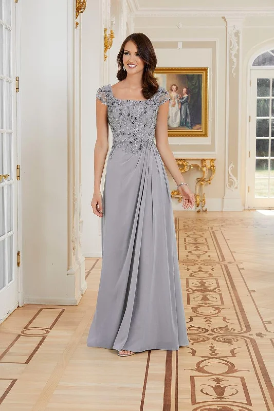 Wedding guest dresses with cold - shoulder ruffled sleeves and knee - length hemsMGNY Madeline Gardner New York  72704 Long Formal Dress
