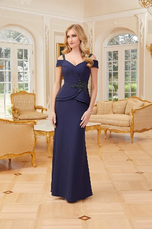 Wedding guest dresses with cold - shoulder ruffled sleeves and knee - length hemsMGNY Madeline Gardner New York  72711 Long Formal Dress