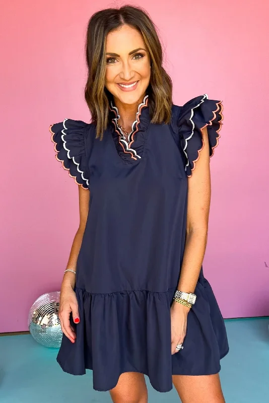 Mini dresses with off - the - shoulder stylesNavy Scallop Trim Detail Ruffled Sleeve Dress Mini dresses with off - the - shoulder stylesNavy Scallop Trim Detail Ruffled Sleeve Dress