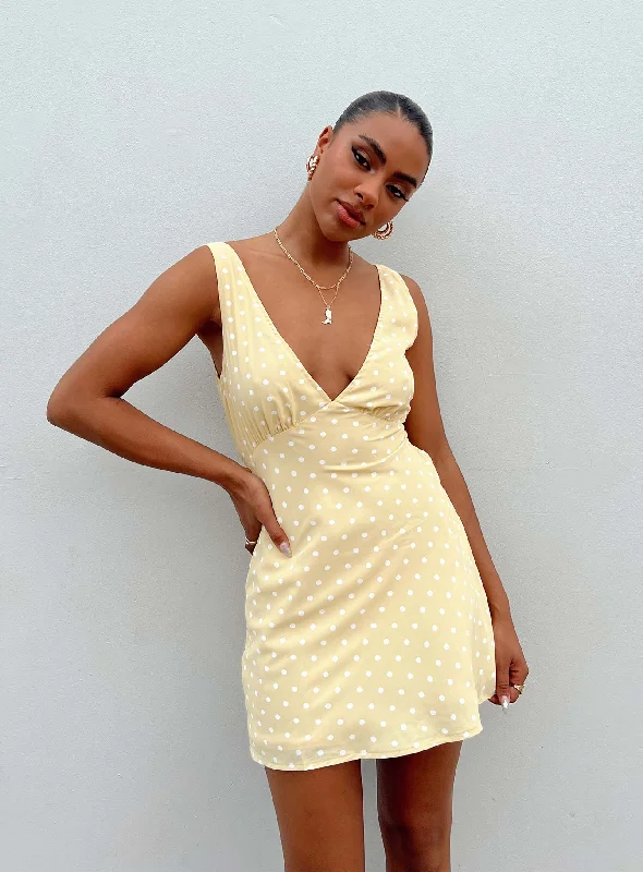 Satin mini dresses for a luxurious feelNellie Mini Dress Yellow Polka Dot