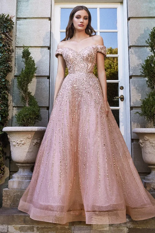 Metallic wedding guest dresses for a glamorous weddingCinderella Divine B715 Off Shoulder Long A Line Embellished Prom Dress
