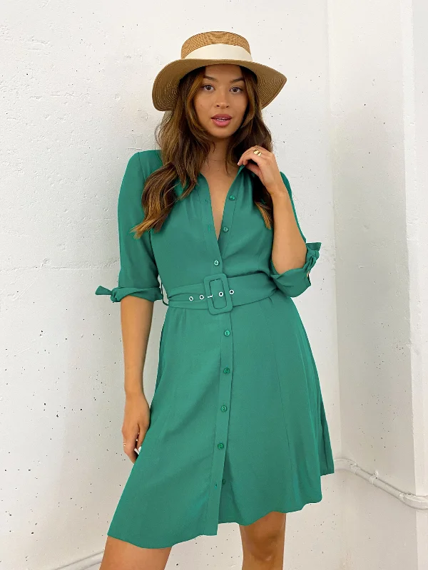 Sheer mini dresses with lace insertsOlivia Mini Belted Shirt Dress / Green