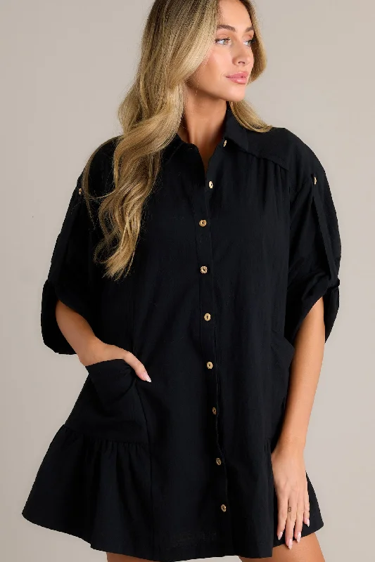 Mini dresses with fringe for a bohemian stylePosh Vision 100% Cotton Black Button Front Mini Dress