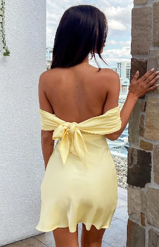 Mini dresses with pocket details for added functionalityPrimrose Yellow Satin Off the Shoulder Mini Dress