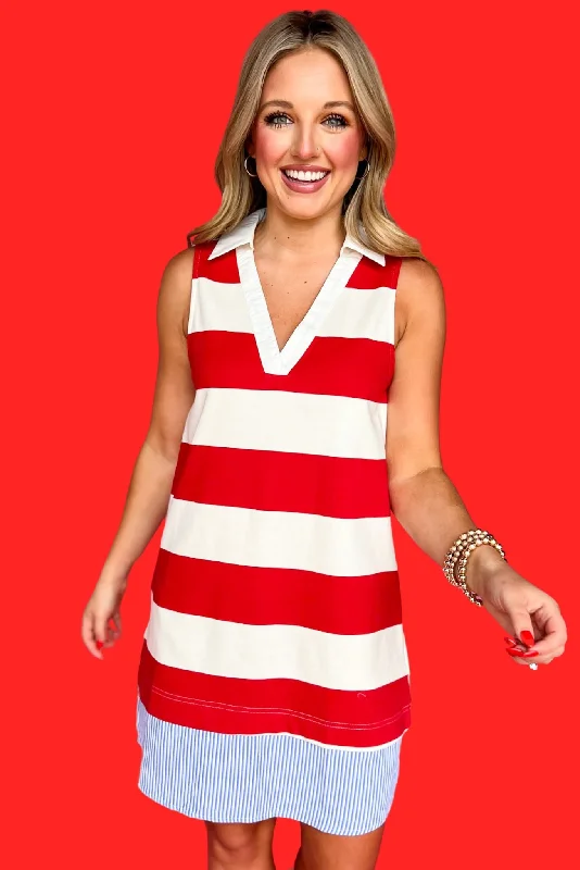 Mini dresses with geometric prints for a modern aestheticRed Striped V Neck Sleeveless Twofer Dress