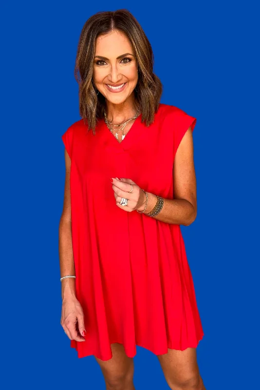 Plaid mini dresses for fall fashionRed V Neck Back Accordion Pleat Detail Dress